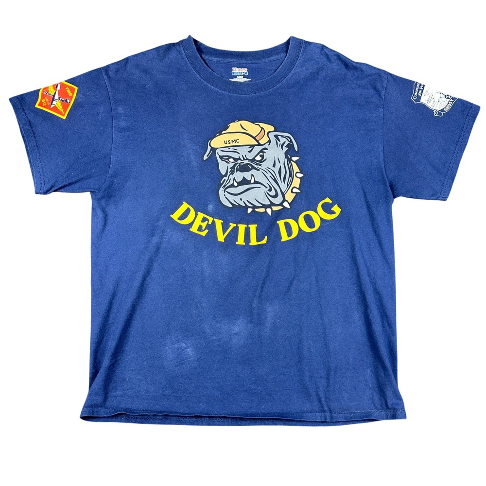 Hanes Beefy-T Mens Large Navy Blue USMC Devil Dog B-25 Mitchell Bomber T-Shirt